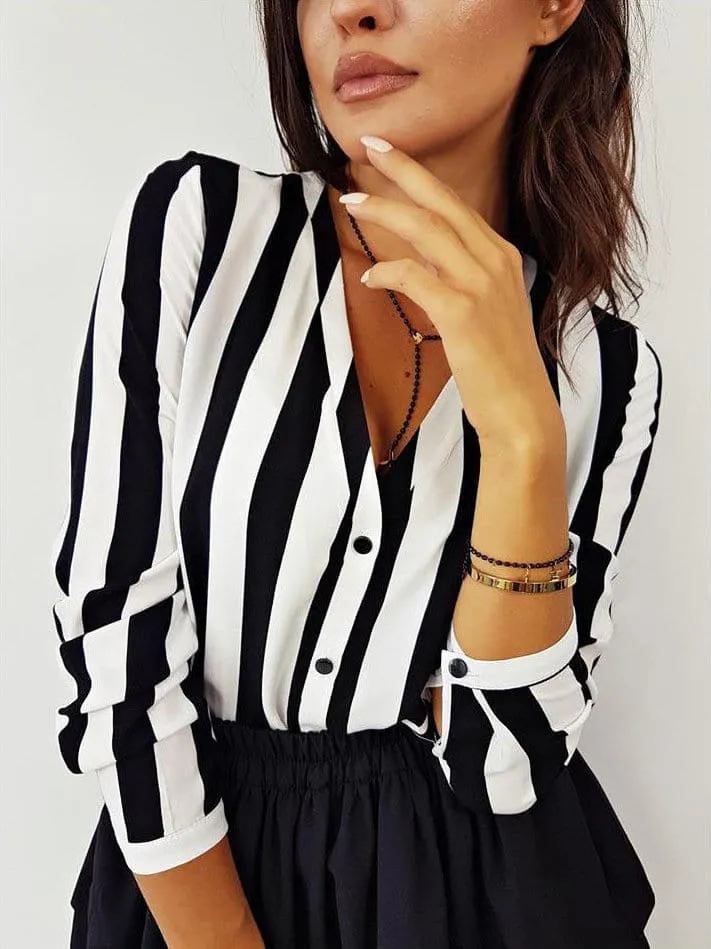 DressBetty - Summer Sexy Women Striped Shirt Black White Elegant V Neck Button Blouse OL Casual Loose Tops Vintage