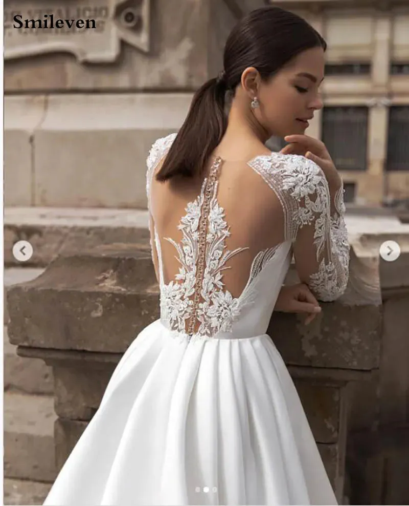 Elegant Satin Wedding Dresses Long Sleeve Lace Bride Gown Illusion Back Wedding Gown Covered Back Vestido de novia 2020