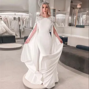 Elegant White Mermaid Dubai Evening Dress for Women Wedding Party Cape Sleeves Muslim Long Formal Dresses