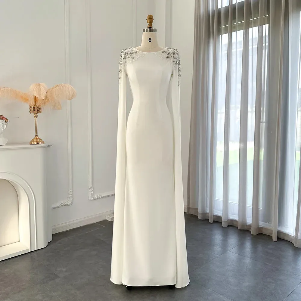 Elegant White Mermaid Dubai Evening Dress for Women Wedding Party Cape Sleeves Muslim Long Formal Dresses