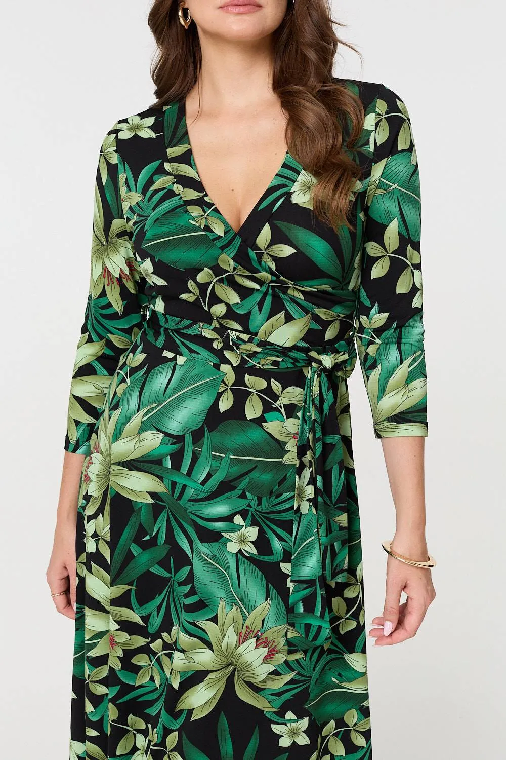 Floral 3/4 Sleeve Tie Waist Wrap Maxi Dress