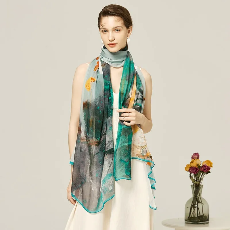 Flower Painting Long Chiffon Silk Scarf 200