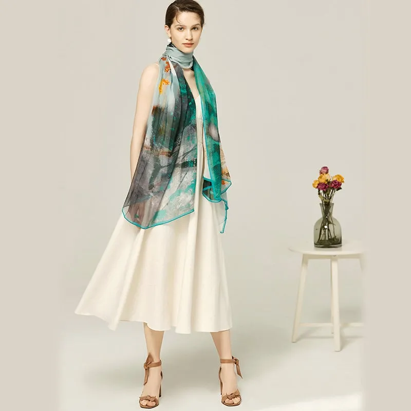 Flower Painting Long Chiffon Silk Scarf 200