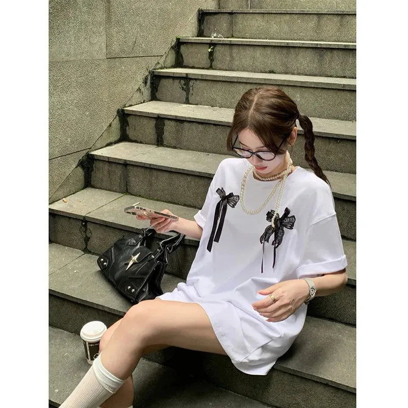 Girlary 2024 New Arrival Summer Women All-matched Casual Short Sleeve O-neck Tops Tees Korean Style Bow Print Loose Cotton T-shirt V978