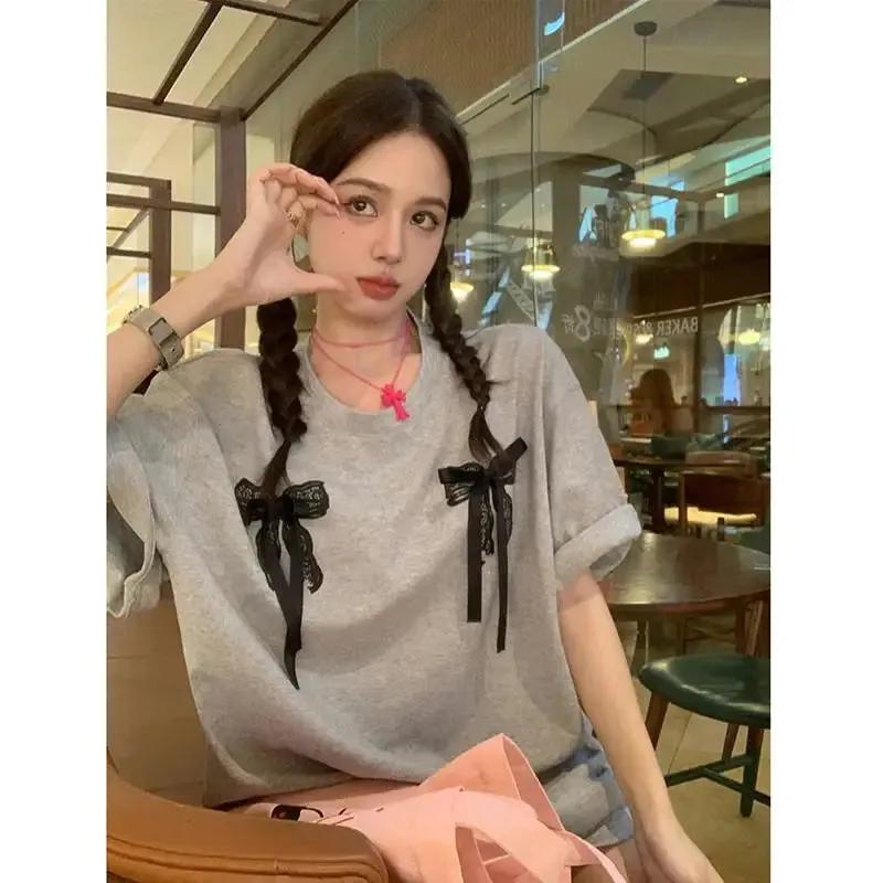 Girlary 2024 New Arrival Summer Women All-matched Casual Short Sleeve O-neck Tops Tees Korean Style Bow Print Loose Cotton T-shirt V978