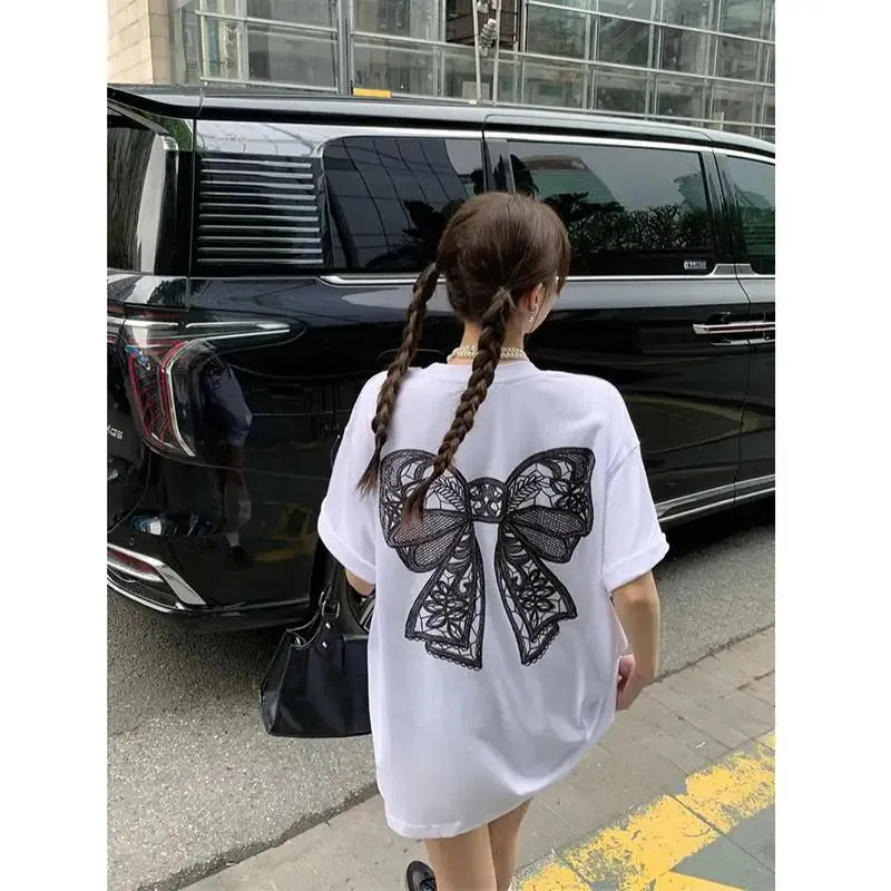 Girlary 2024 New Arrival Summer Women All-matched Casual Short Sleeve O-neck Tops Tees Korean Style Bow Print Loose Cotton T-shirt V978