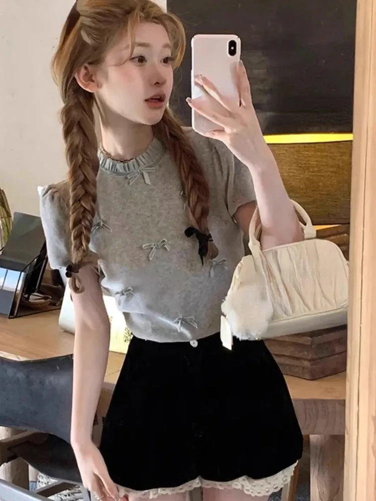 Girlary 2024 Summer Sweet Elegant Blouse Women Evening Party Slim Y2K Crop Top Office Lady Outwear Short Sleeve Korean Reviews Clothes