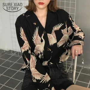 Graduation Gifts  Vintage Printed Fashion Women Blouses  women Long Sleeve Shirts print Chiffon blouse women ladies Loose Femme top 0845 30