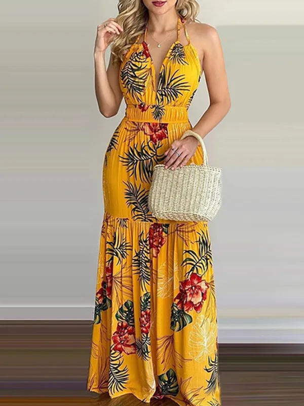 Halterneck Tie V-neck Floral Print Open-back Maxi Dress