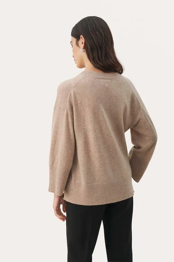 Hellin Light Camel Melange V Neck Cashmere Sweater