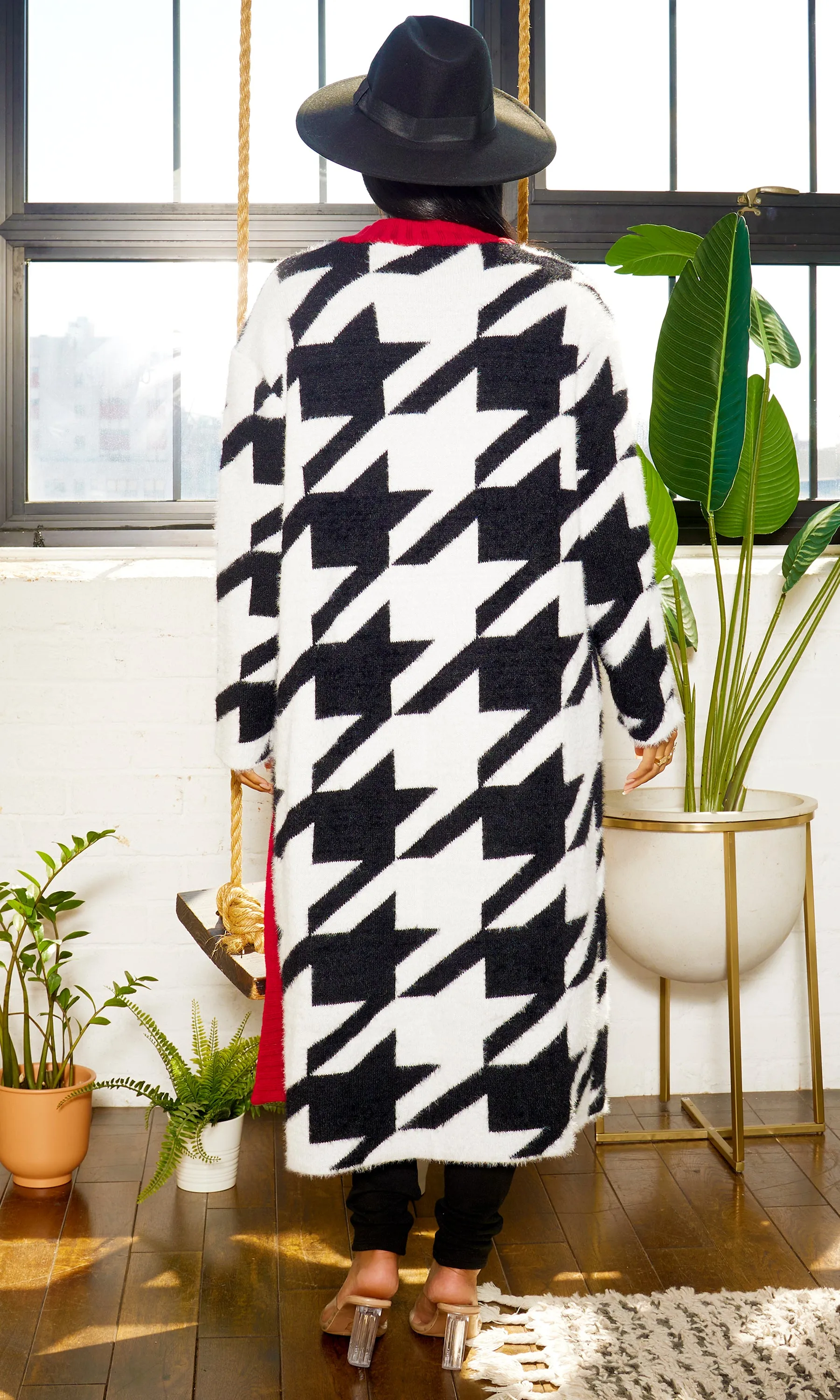 Houndstooth Detail Cardigan - Black/ White/ Red