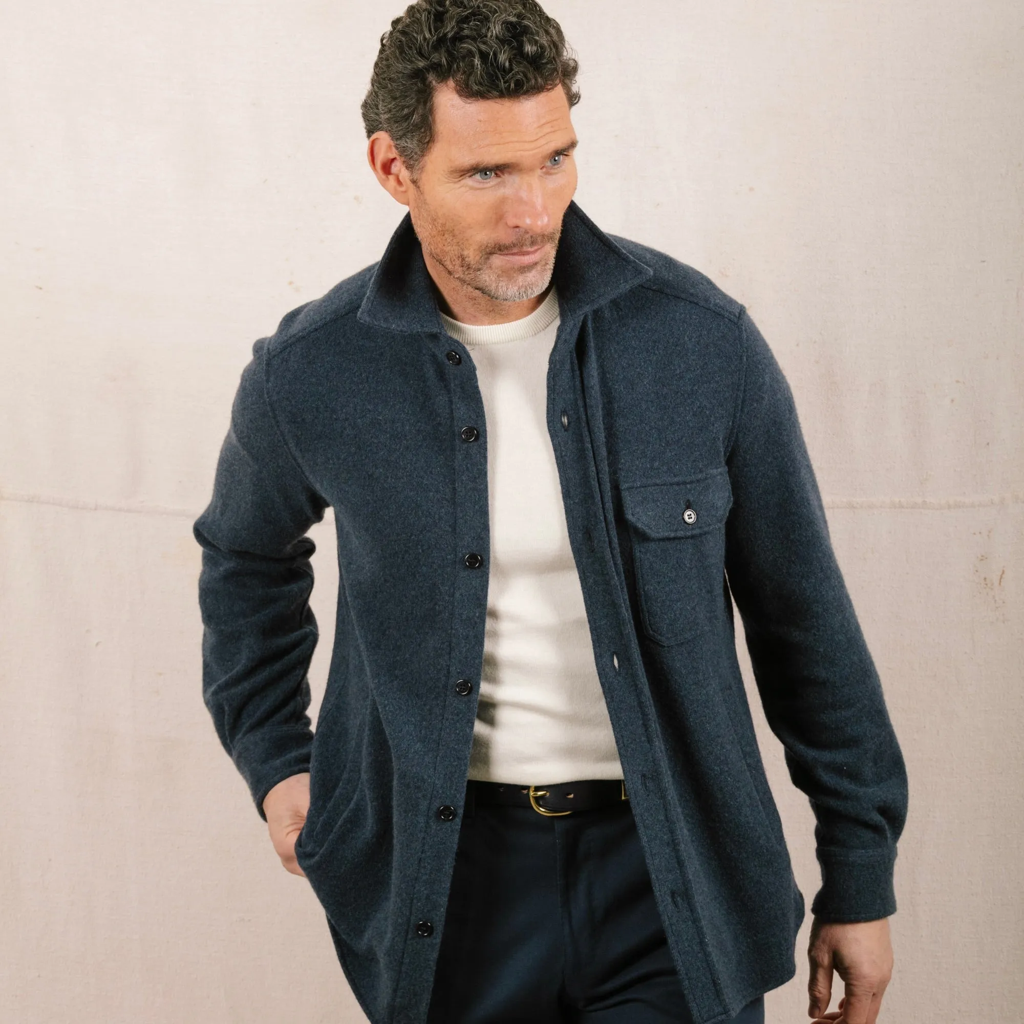 Knitted Shirt Jacket in Airforce Blue