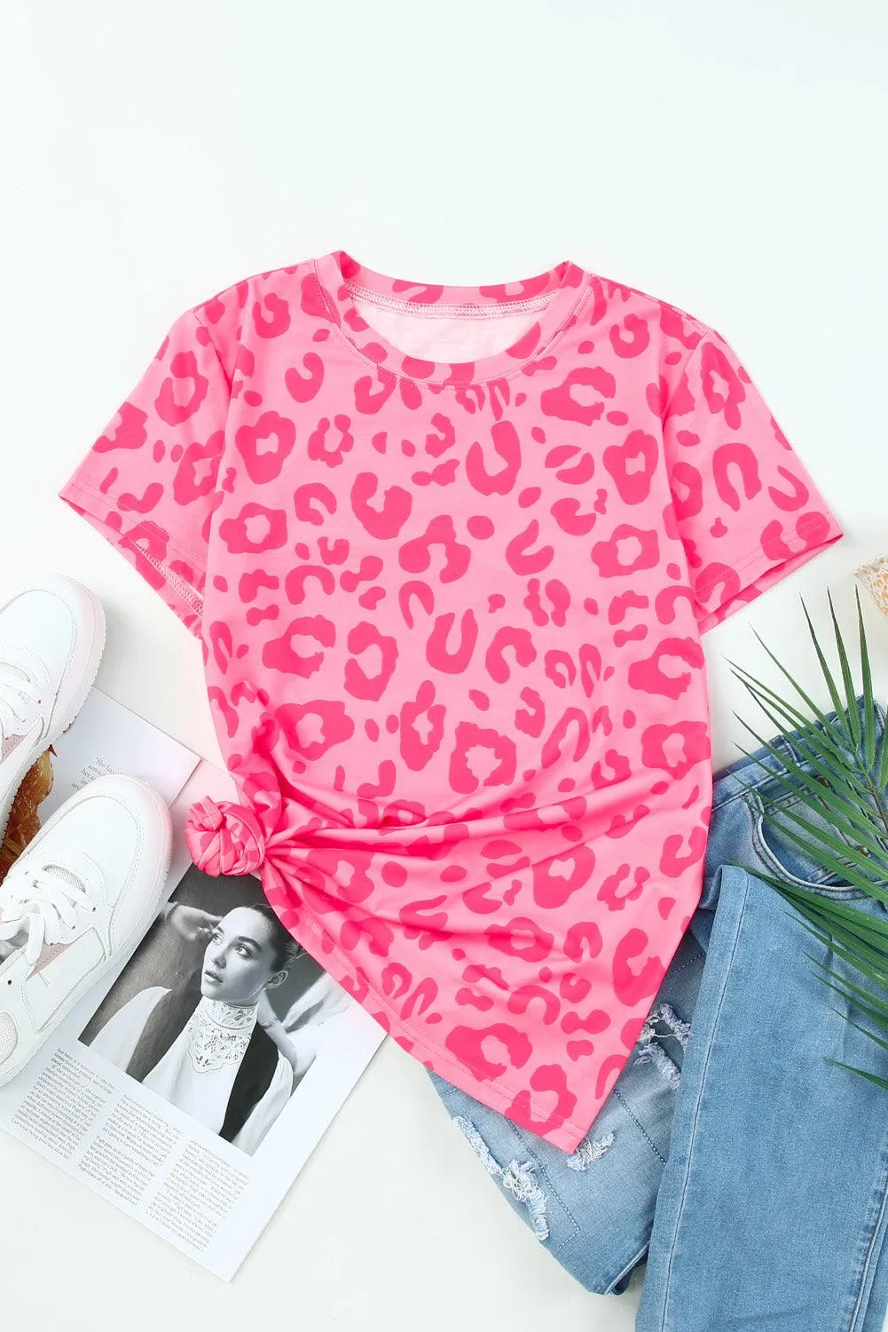 Leopard  Print Crew Neck Pink T Shirt for Ladies