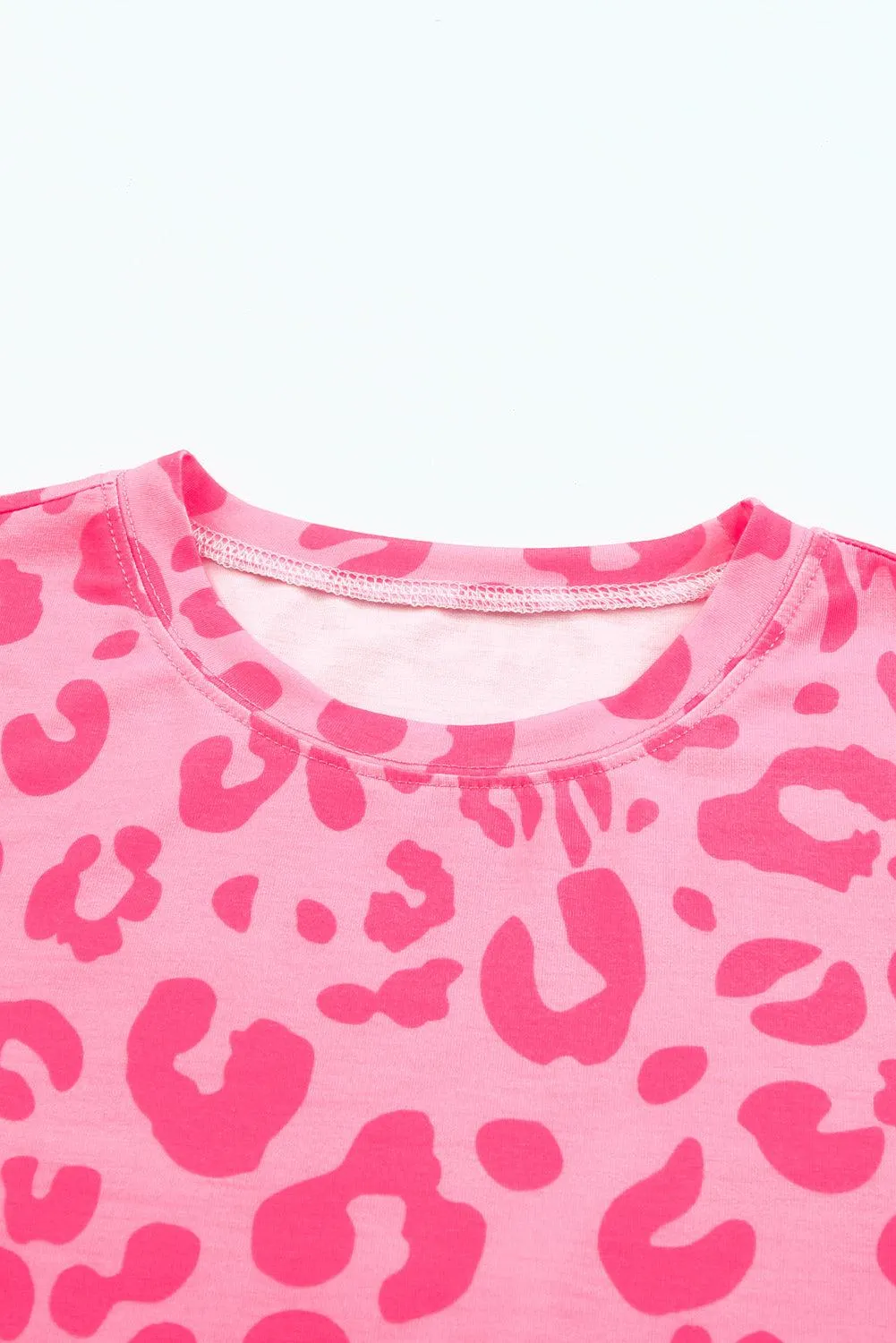 Leopard  Print Crew Neck Pink T Shirt for Ladies