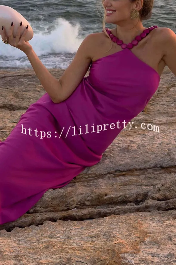 Luxurious and Elegant Satin Stone Halter Straps Maxi Dress