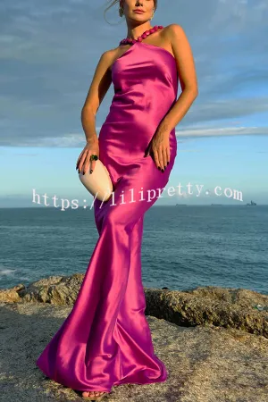 Luxurious and Elegant Satin Stone Halter Straps Maxi Dress