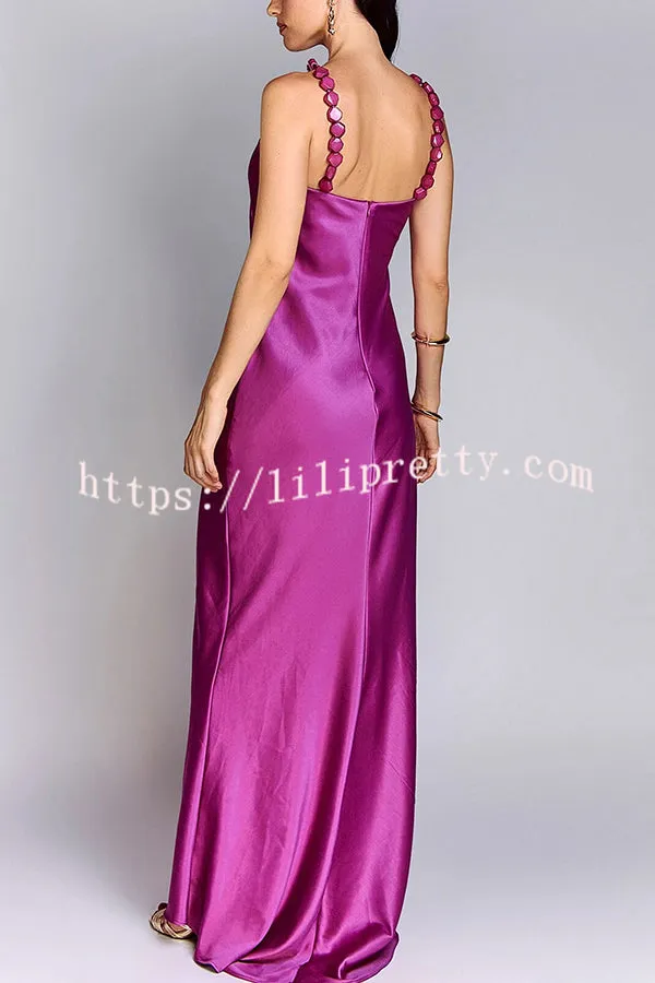 Luxurious and Elegant Satin Stone Halter Straps Maxi Dress