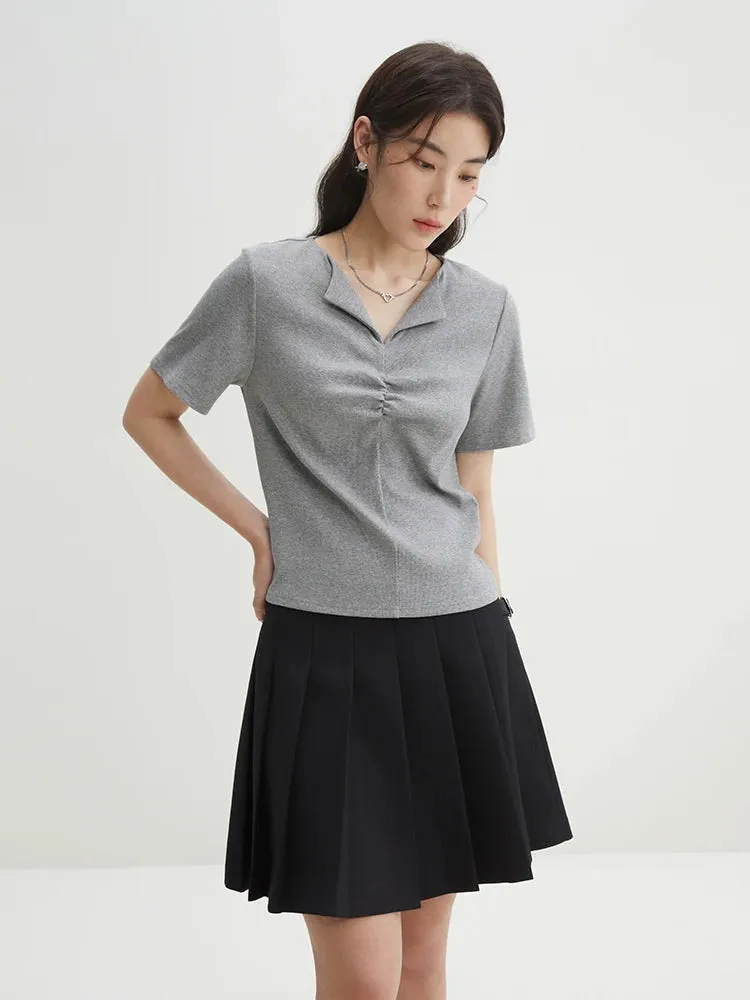 LVSANW DUSHU【2 Colors】Women Simple Pleated Lapel Short-sleeved T-shirts Summer Front Shoulder Thin Knitted Grey Tees 24DS82113