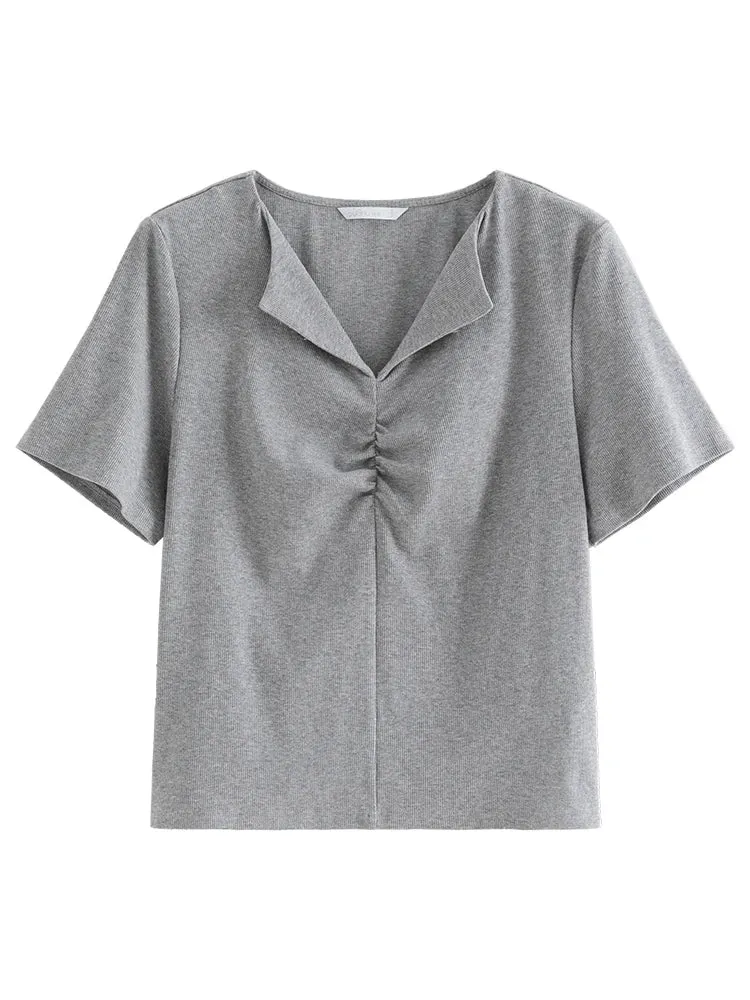 LVSANW DUSHU【2 Colors】Women Simple Pleated Lapel Short-sleeved T-shirts Summer Front Shoulder Thin Knitted Grey Tees 24DS82113