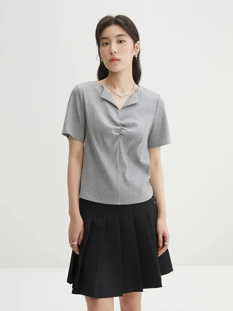 LVSANW DUSHU【2 Colors】Women Simple Pleated Lapel Short-sleeved T-shirts Summer Front Shoulder Thin Knitted Grey Tees 24DS82113