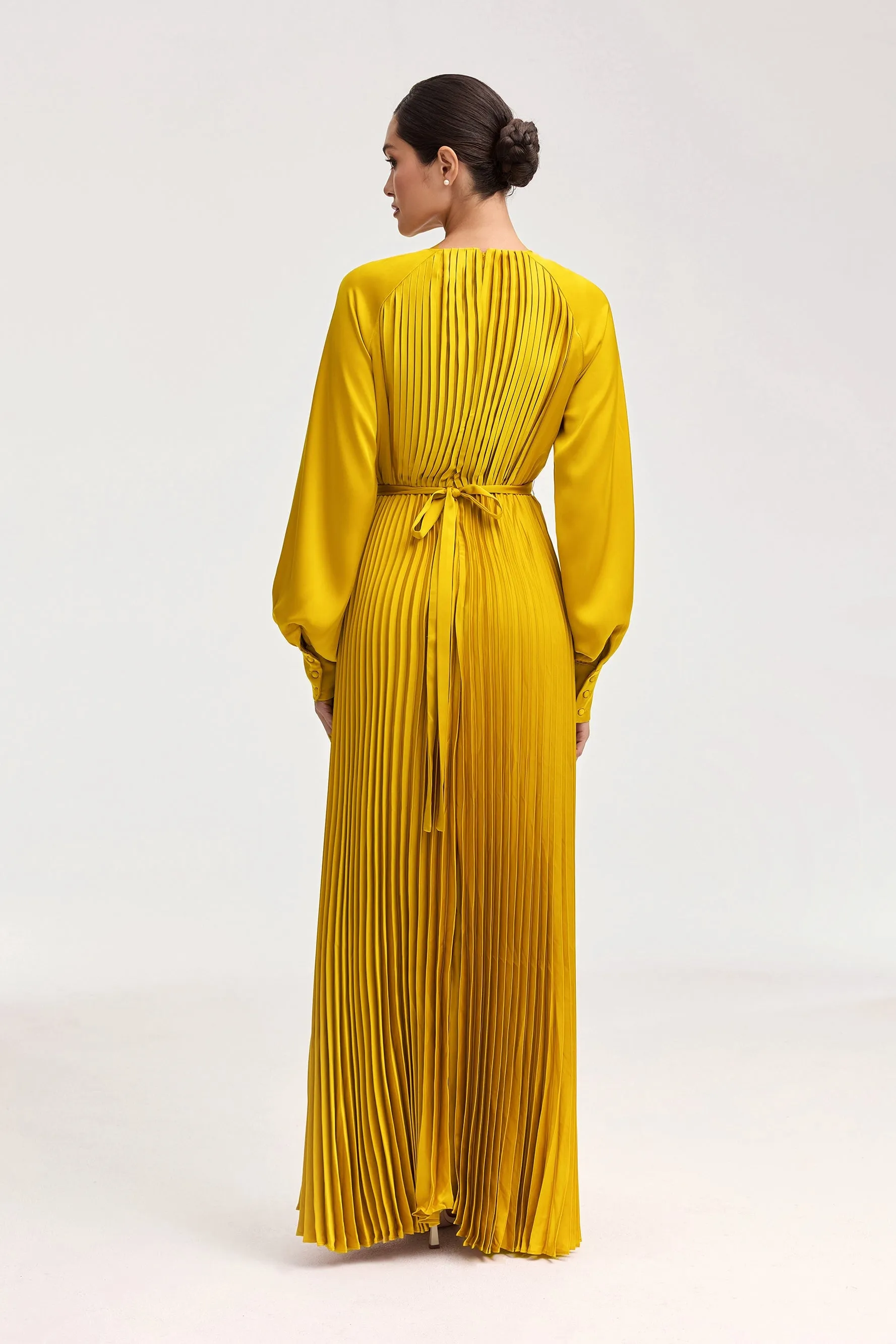 Nadira Satin Pleated Maxi Dress - Honey