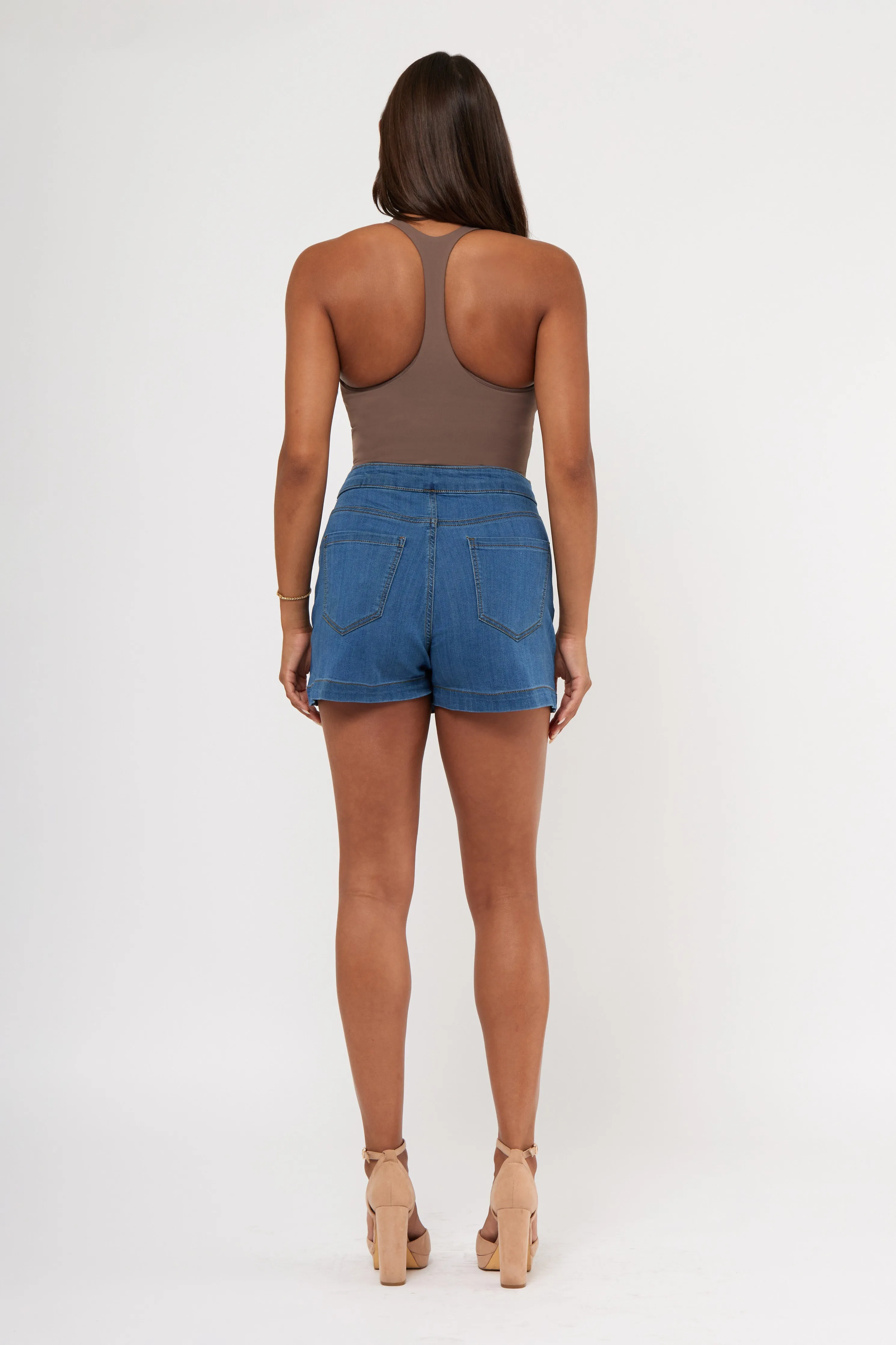 Off Center Button Front Denim Skort