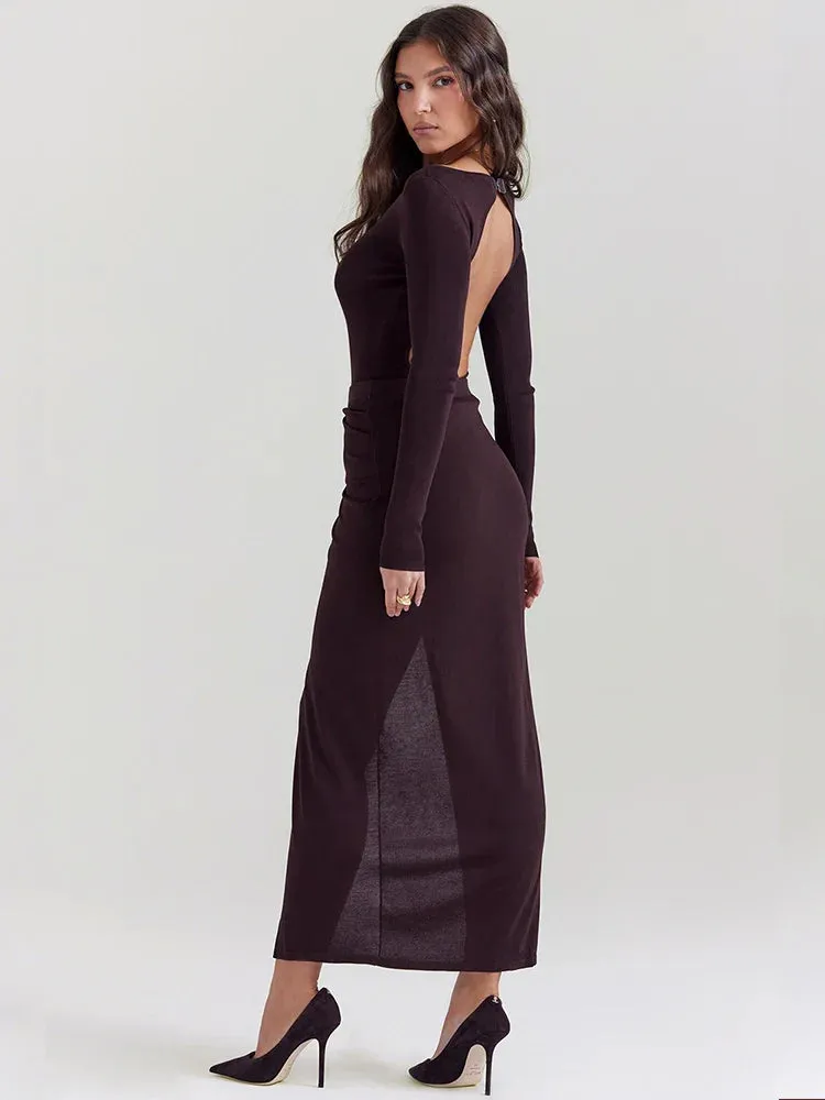 Pleated Elegant Long High Split Backless Nightclub Autumn Winter Maxi Dress