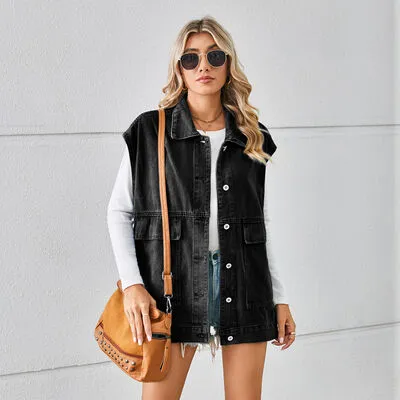 Pocketed Button Up Sleeveless Denim Jacket