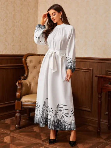 Printed Belted Round Neck Maxi Dress