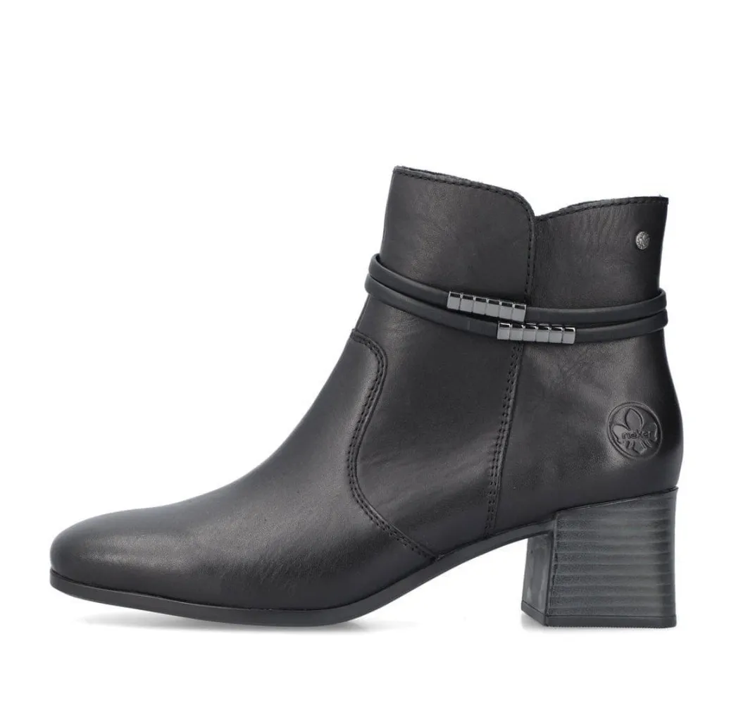 Rieker 70974-00 Minato Black Leather Block Heeled Ankle Boots