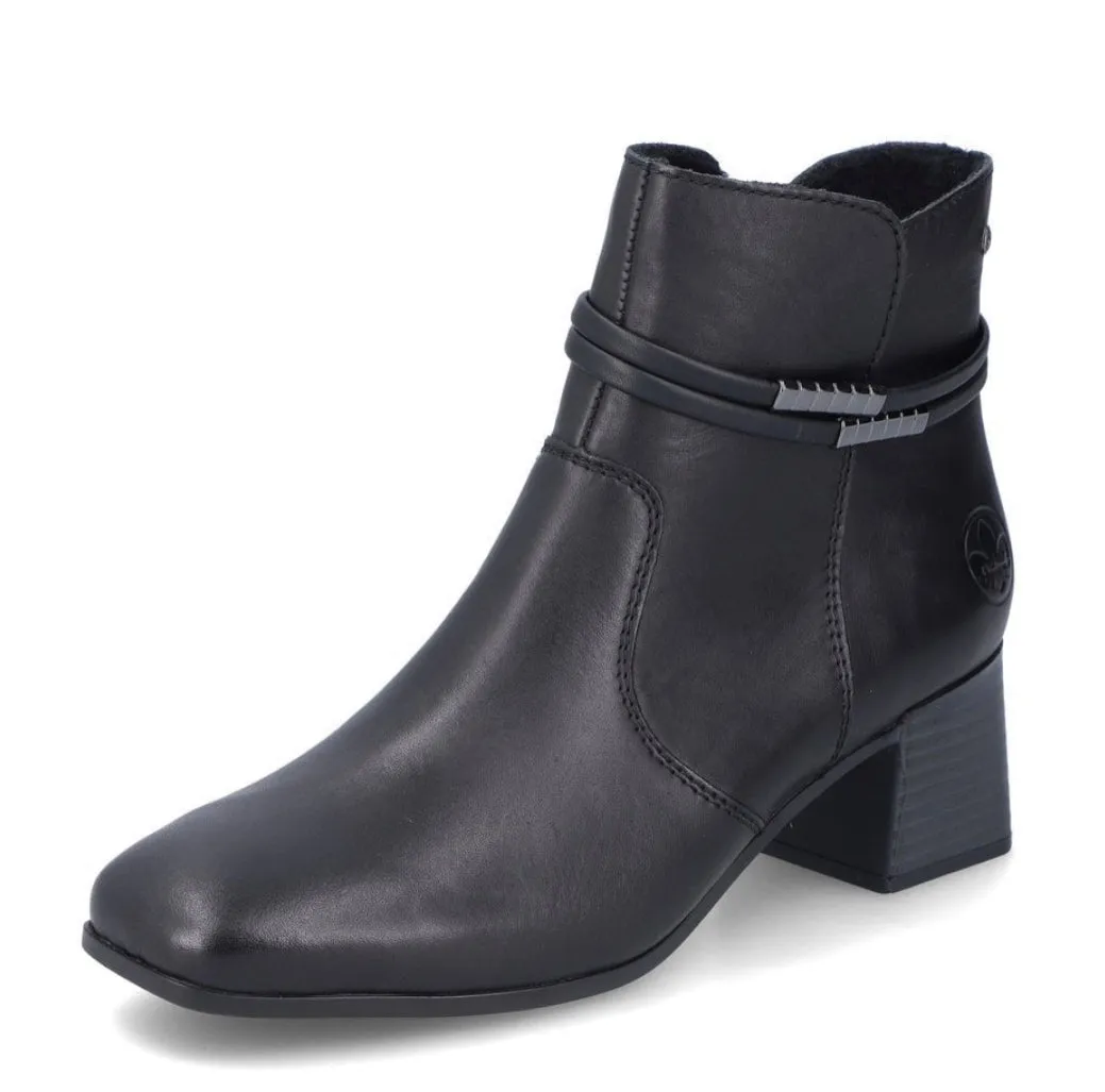 Rieker 70974-00 Minato Black Leather Block Heeled Ankle Boots