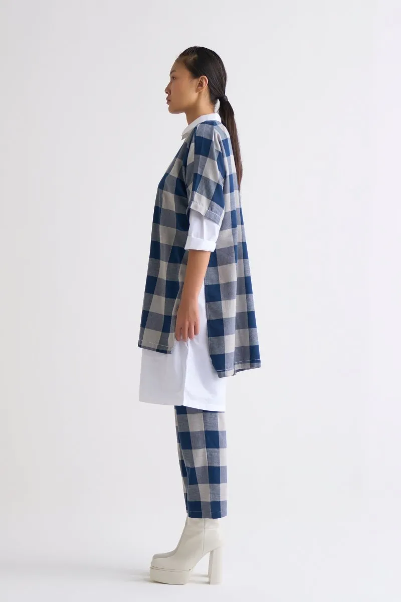 Round Neck Dolman Top - Navy Check