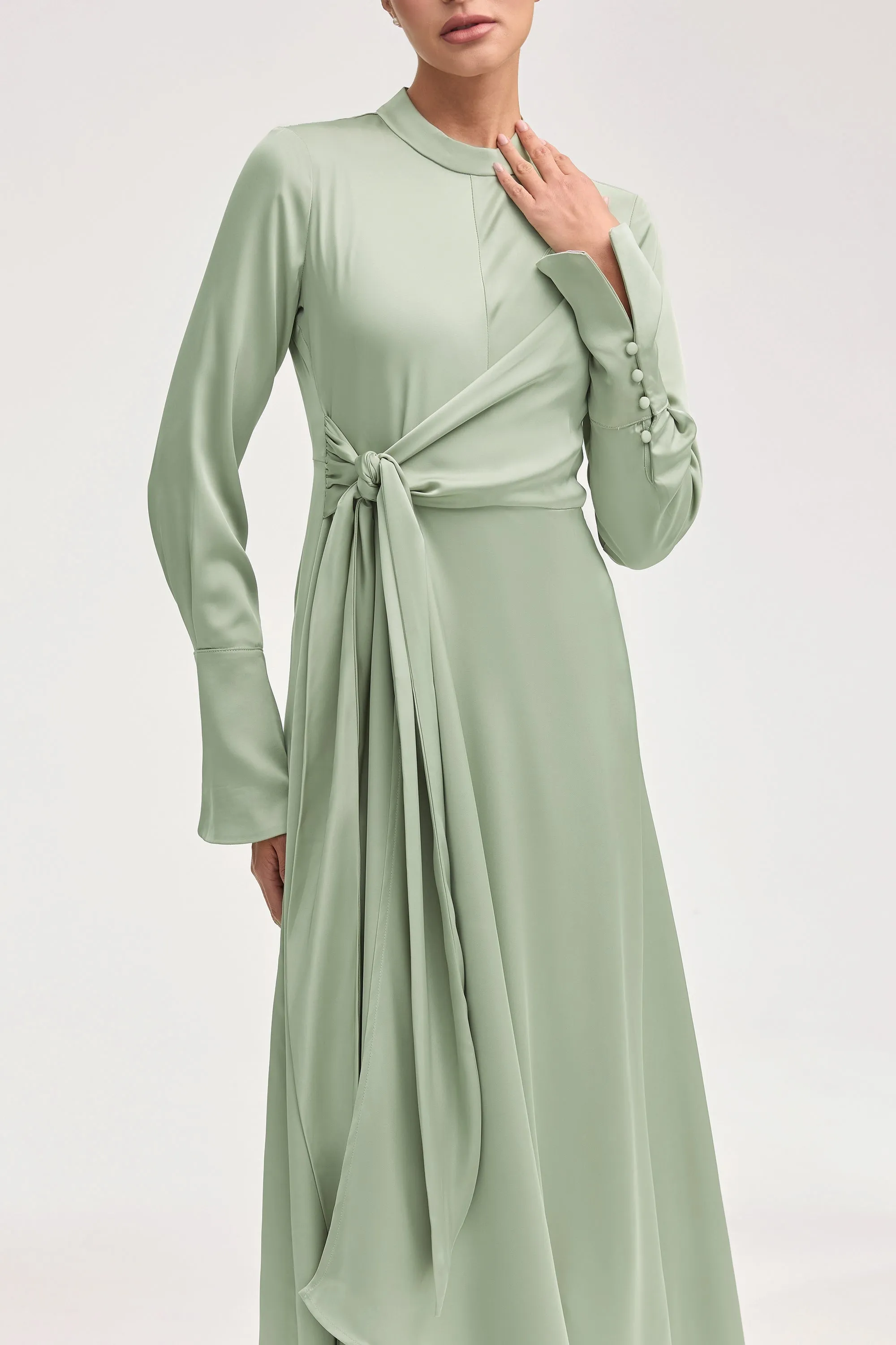 Serena Satin Side Tie Maxi Dress - Pistachio