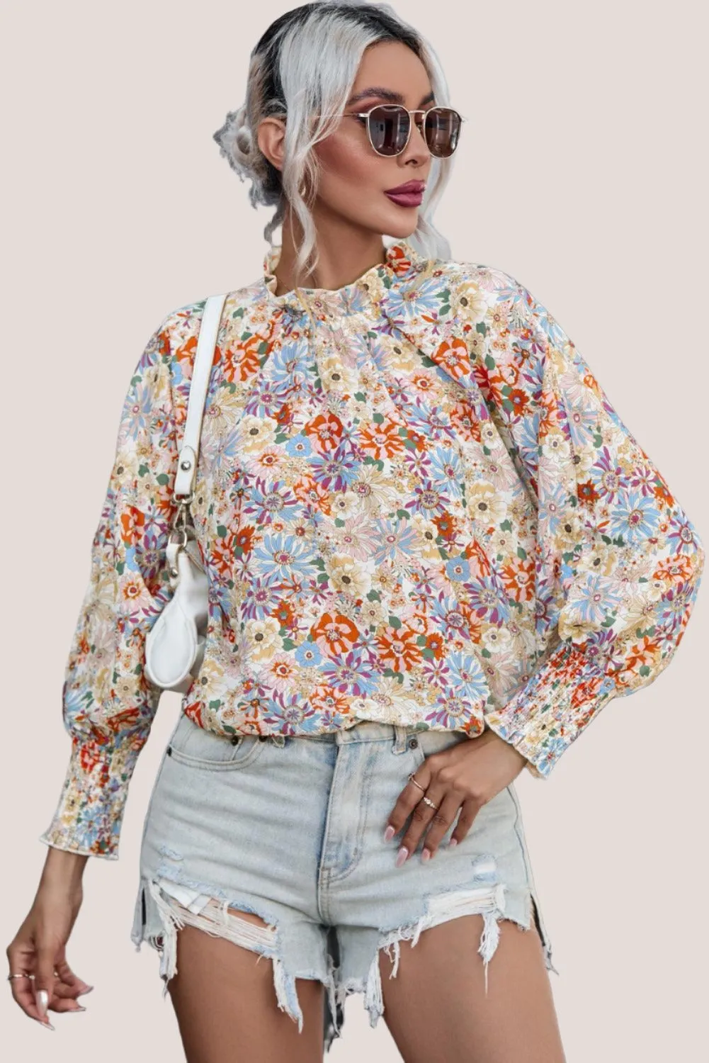 Shirred Cuffs Bubble Sleeve Floral Blouse for Women