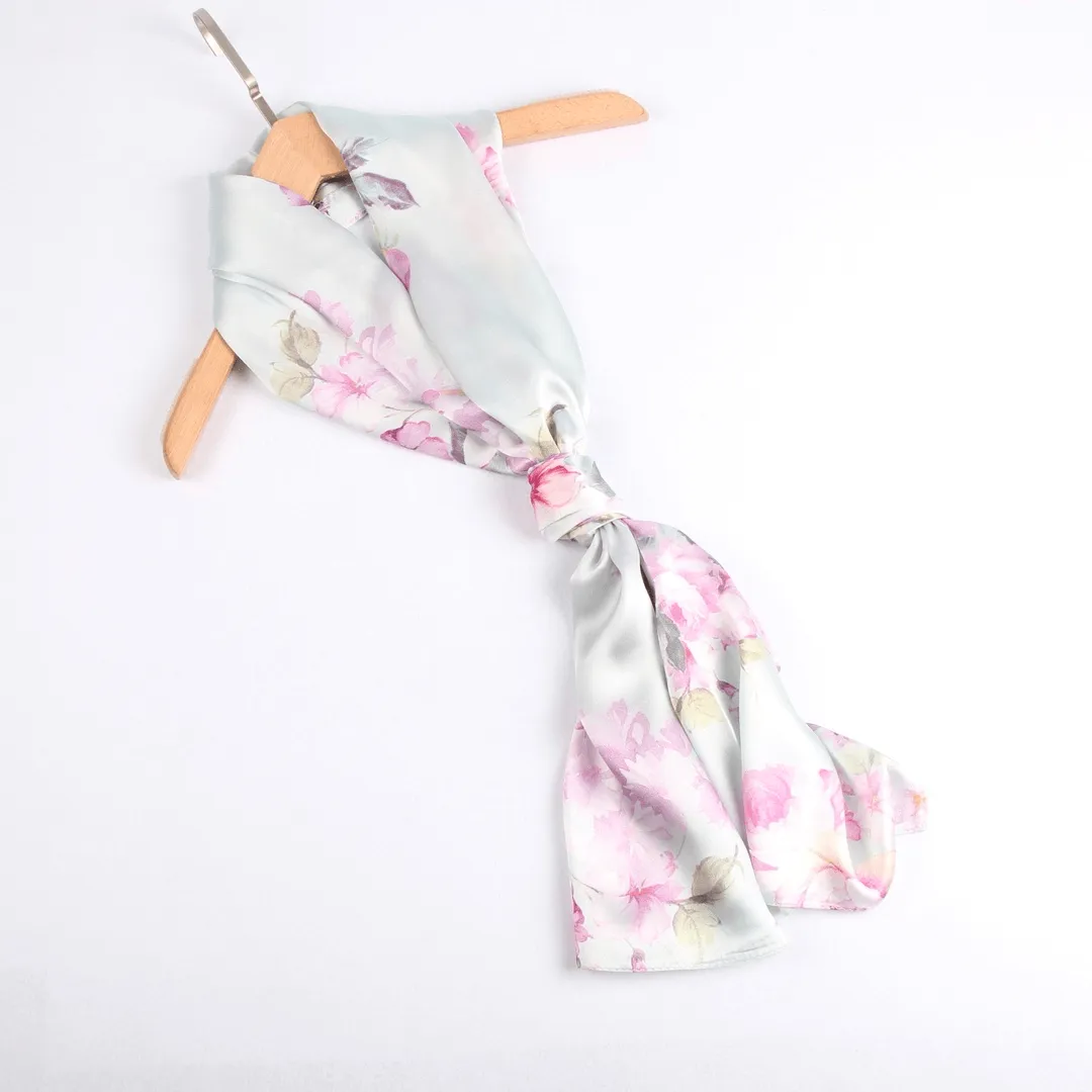 Silk Scarf Collections|Blossom Range|China Rose|Silver|Long Silk Scarf