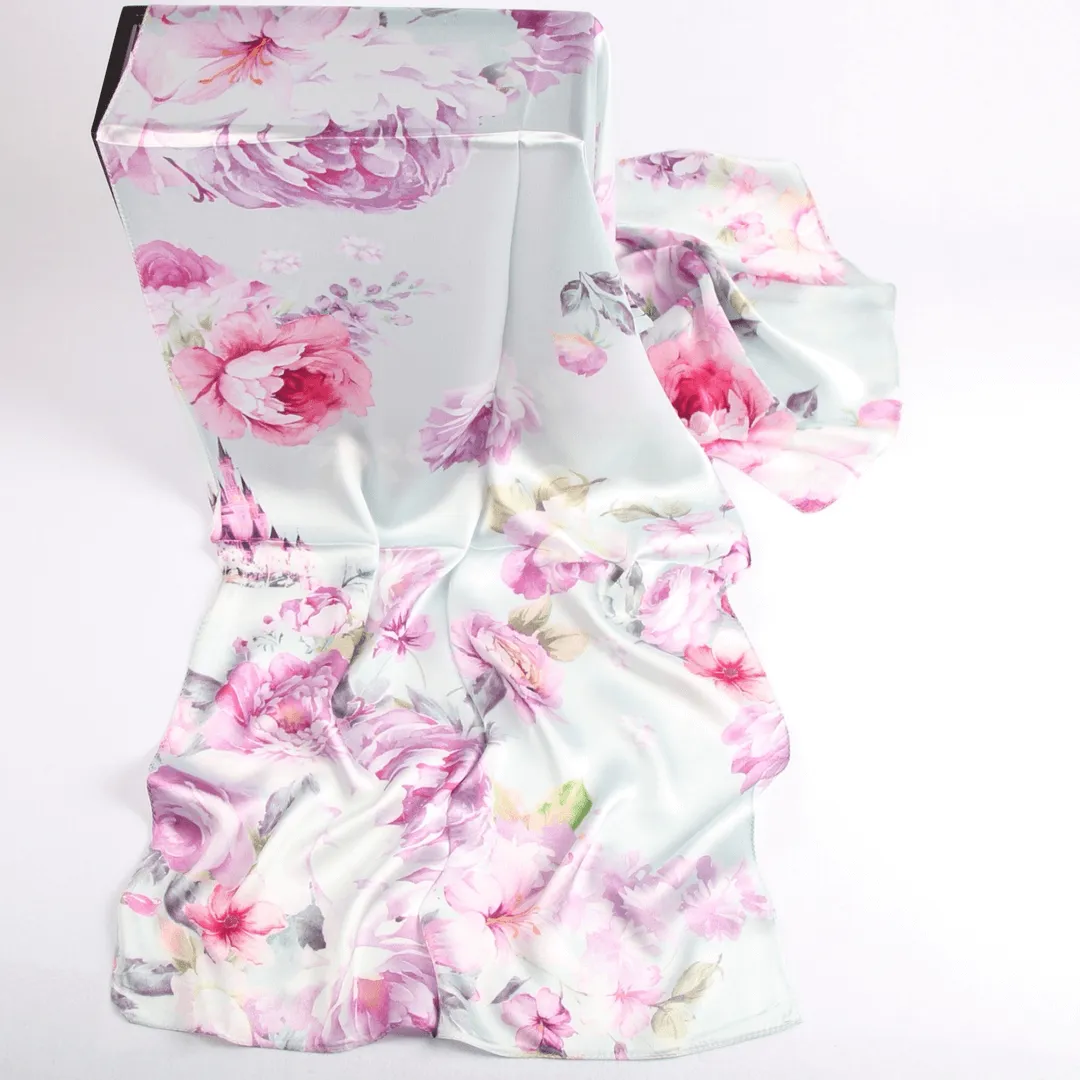 Silk Scarf Collections|Blossom Range|China Rose|Silver|Long Silk Scarf