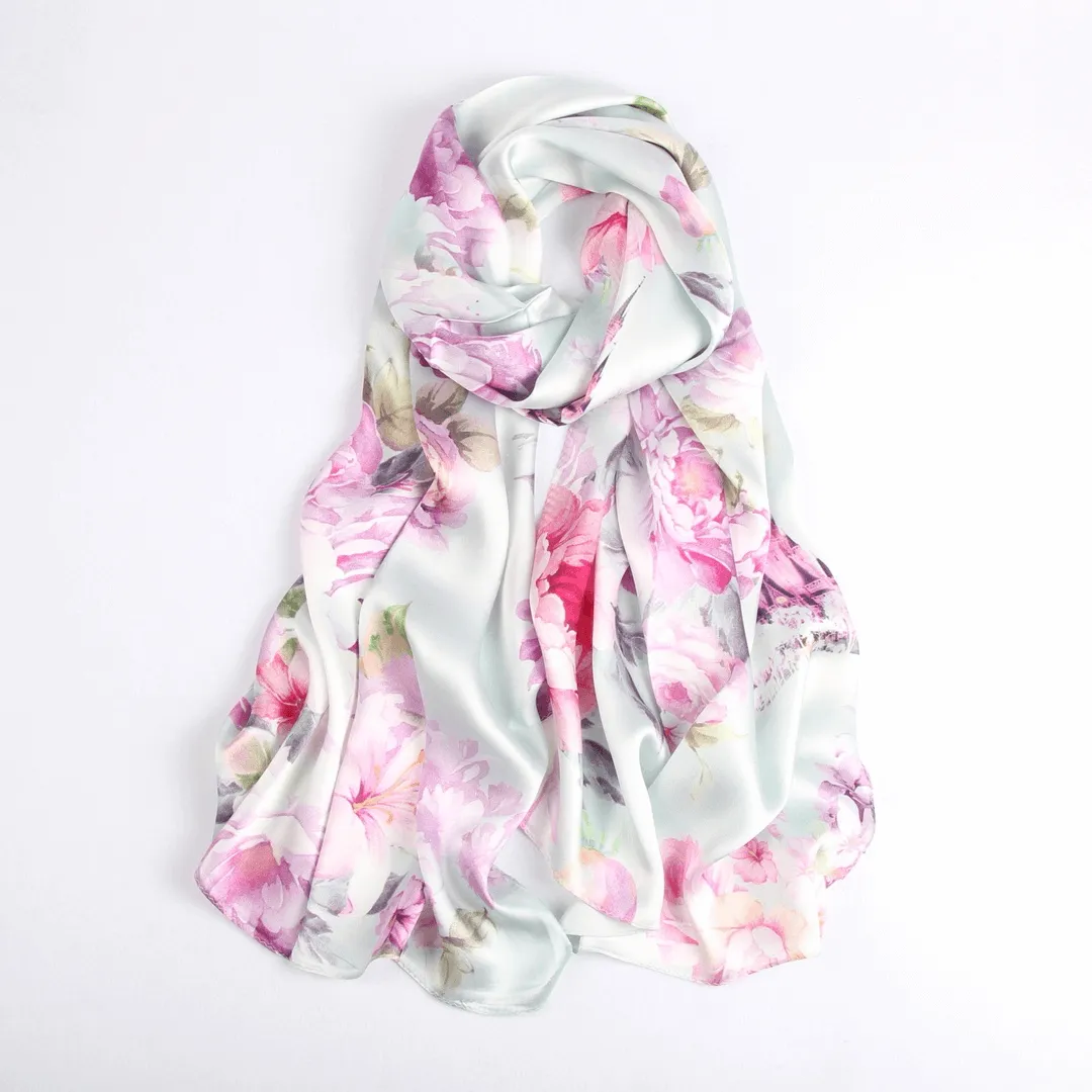 Silk Scarf Collections|Blossom Range|China Rose|Silver|Long Silk Scarf