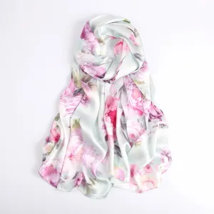 Silk Scarf Collections|Blossom Range|China Rose|Silver|Long Silk Scarf