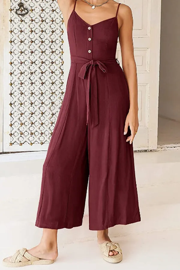 Sleeveless Spaghetti Strap V-Neck Gathered Wide-Leg Jumpsuit