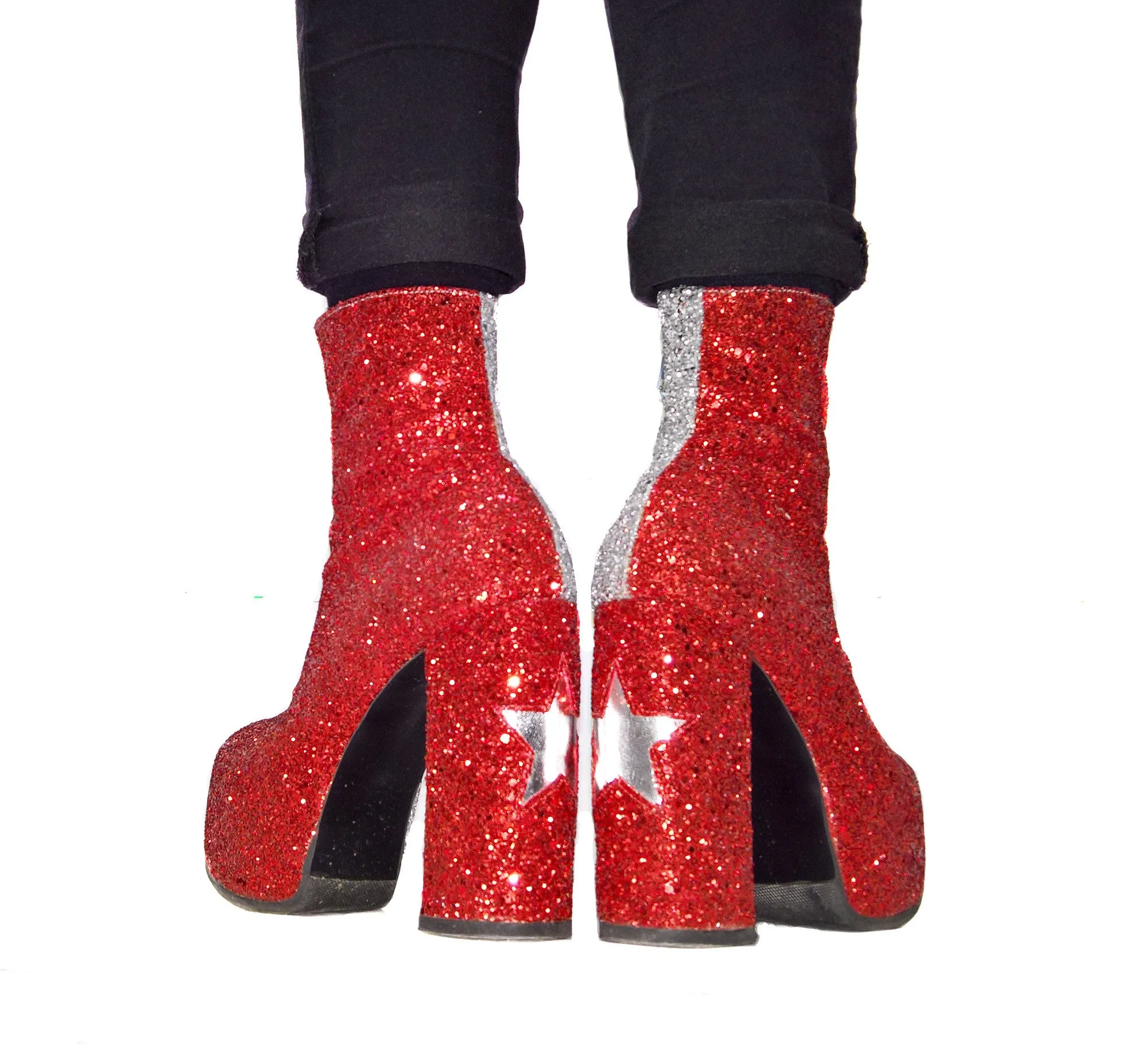 STARDUST "Harlequin" Platform Ankle Boots in Red & Silver Glitter