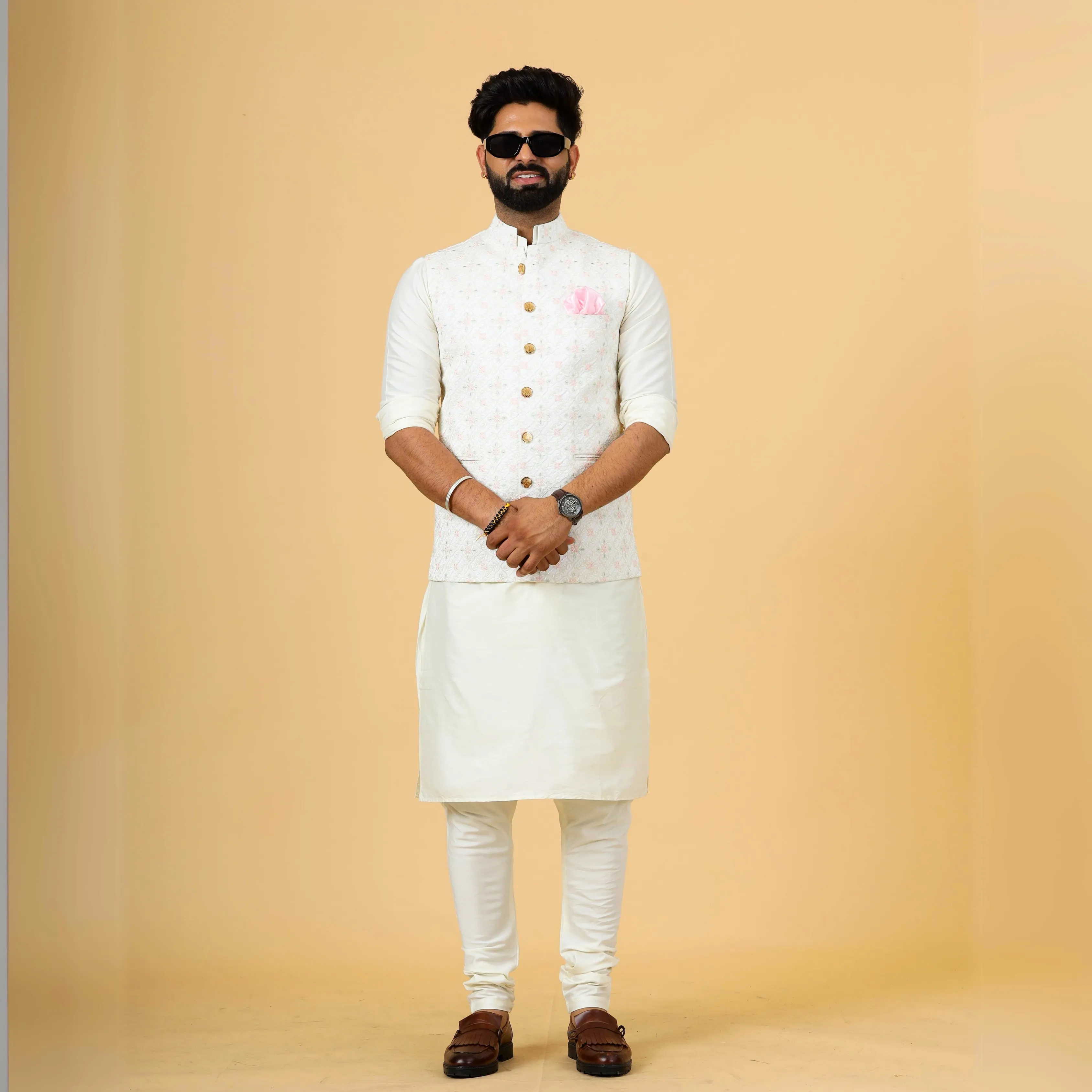 Stunning White Thread Embroidered Silk Half Jodhpuri Jacket with Off-White Kurta-Pajama for Men