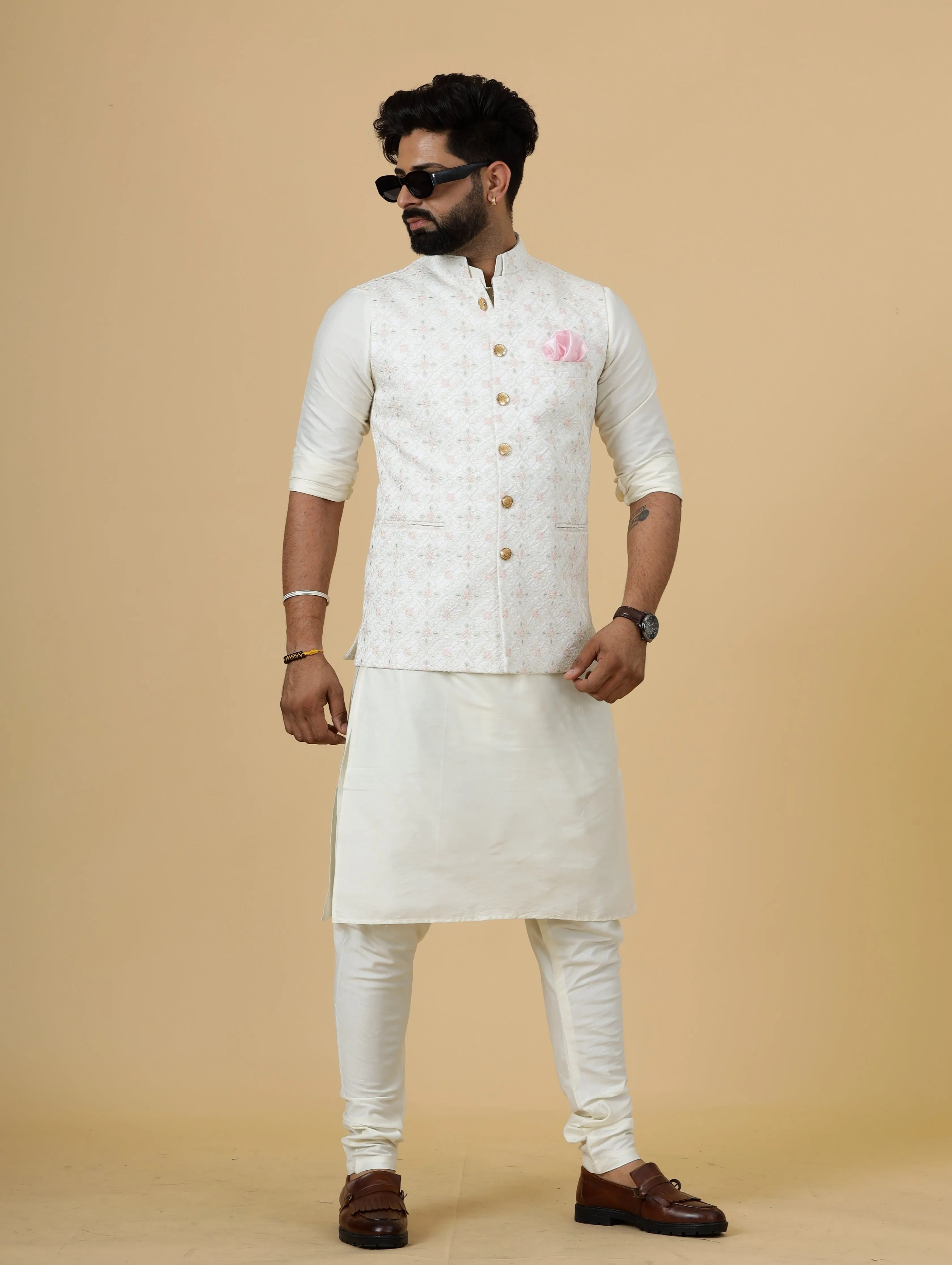 Stunning White Thread Embroidered Silk Half Jodhpuri Jacket with Off-White Kurta-Pajama for Men