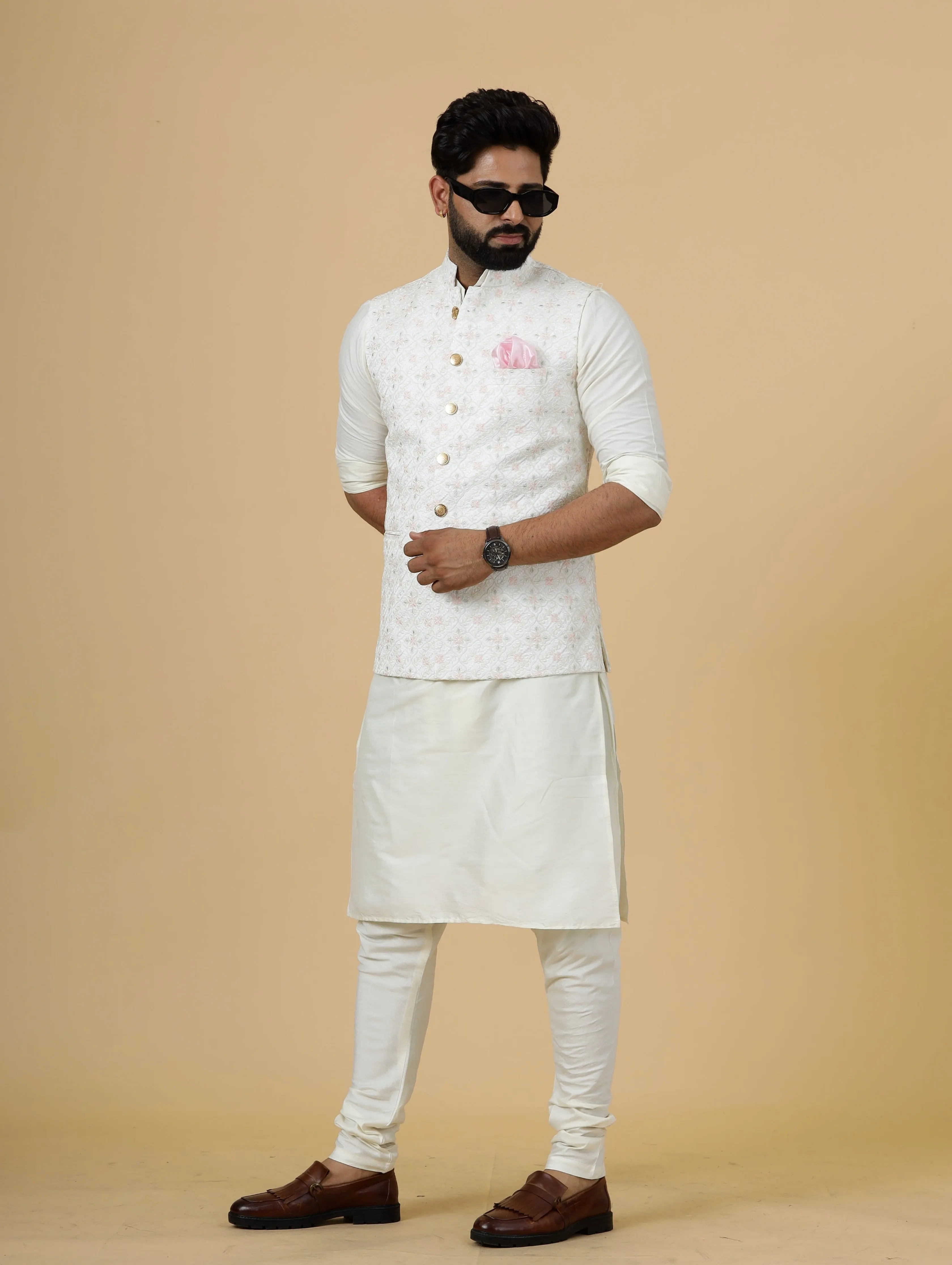 Stunning White Thread Embroidered Silk Half Jodhpuri Jacket with Off-White Kurta-Pajama for Men