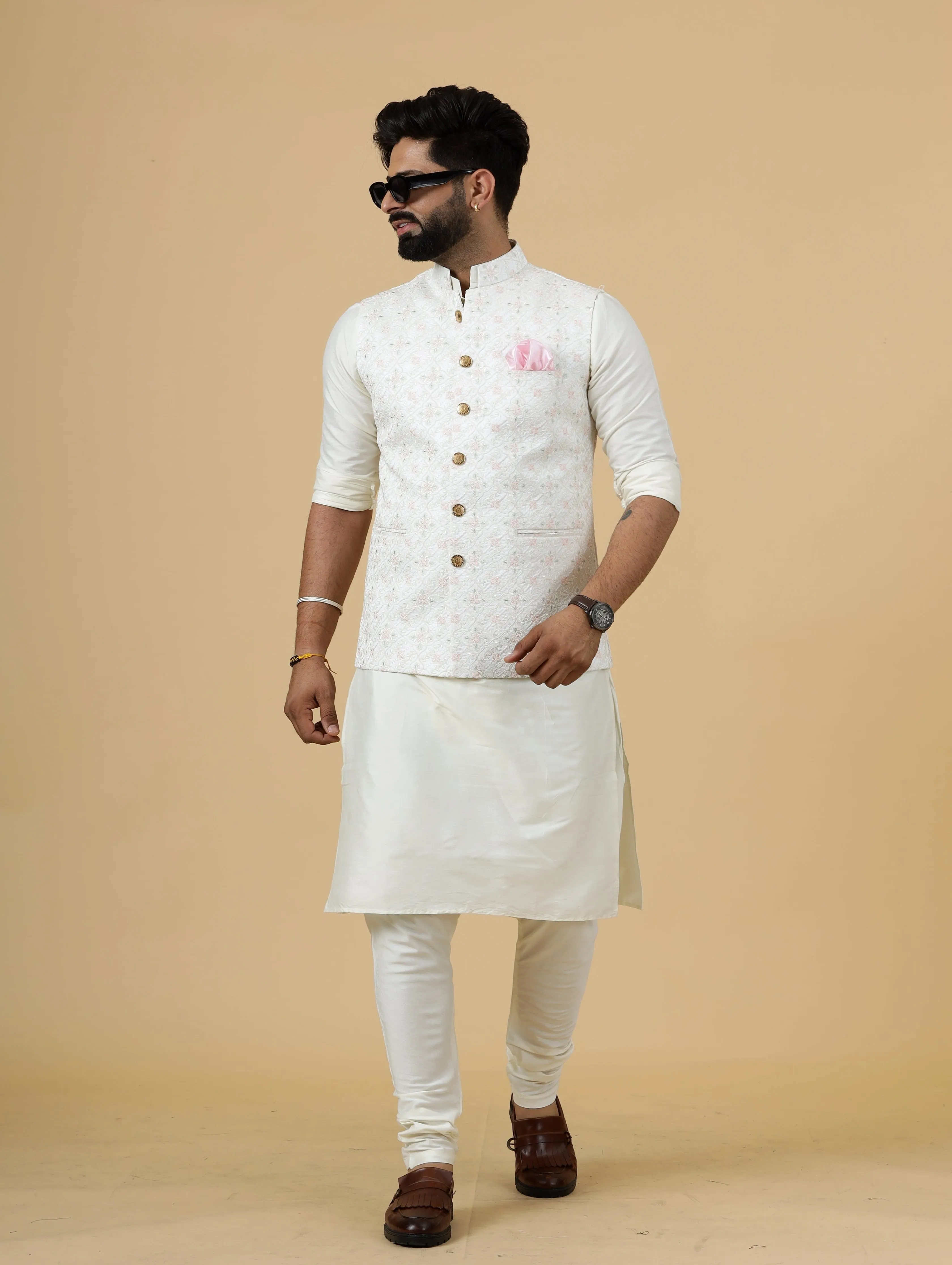 Stunning White Thread Embroidered Silk Half Jodhpuri Jacket with Off-White Kurta-Pajama for Men