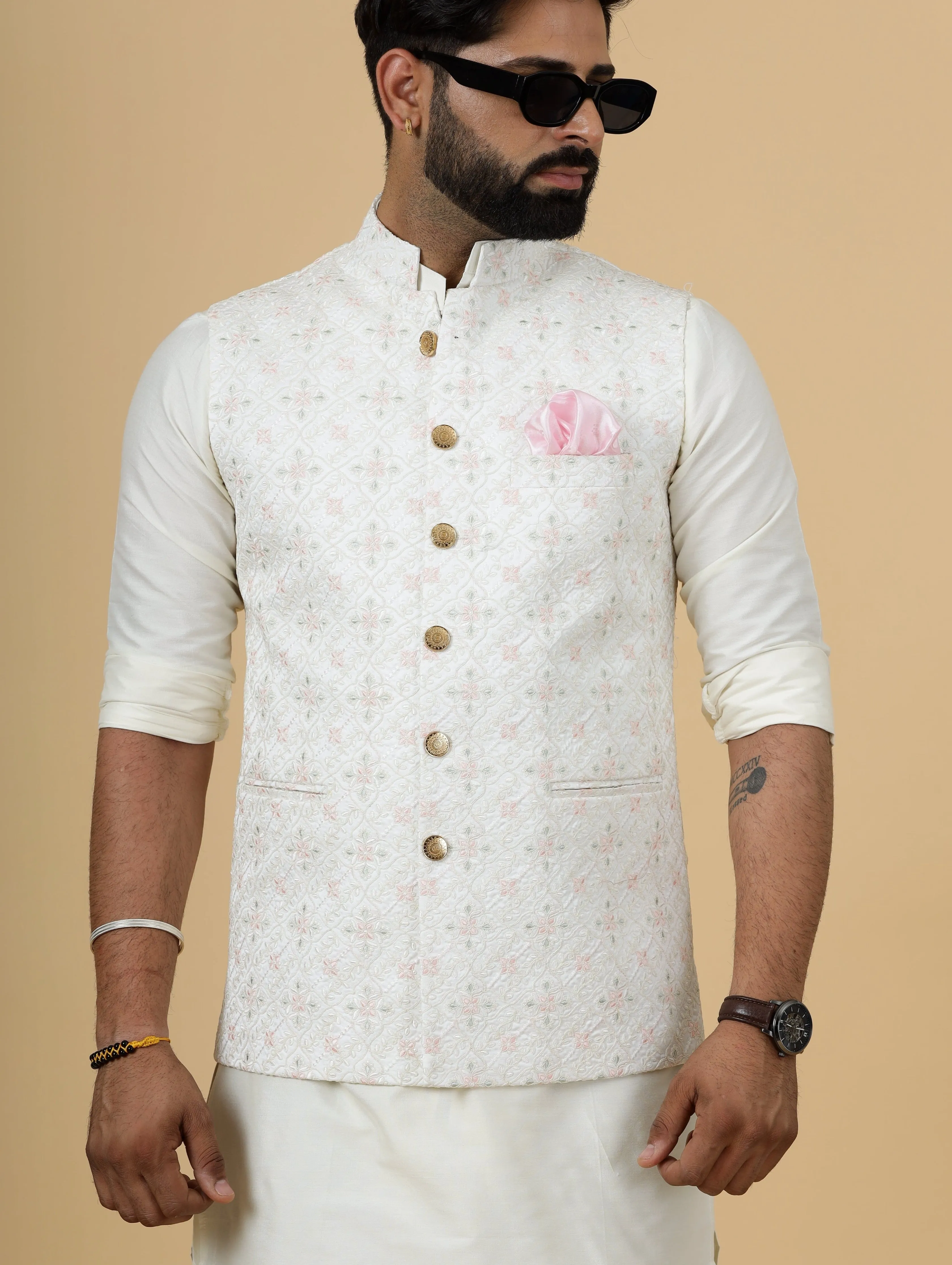 Stunning White Thread Embroidered Silk Half Jodhpuri Jacket with Off-White Kurta-Pajama for Men