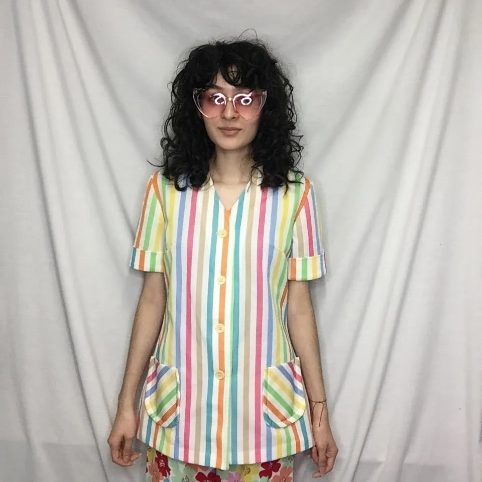 Vintage 60s 70s | Rainbow Striped Polyester Novelty Shirt Top Mod Boho Blouse M