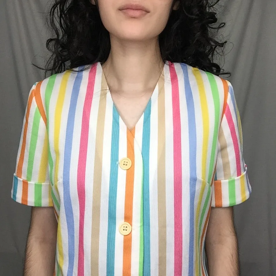 Vintage 60s 70s | Rainbow Striped Polyester Novelty Shirt Top Mod Boho Blouse M