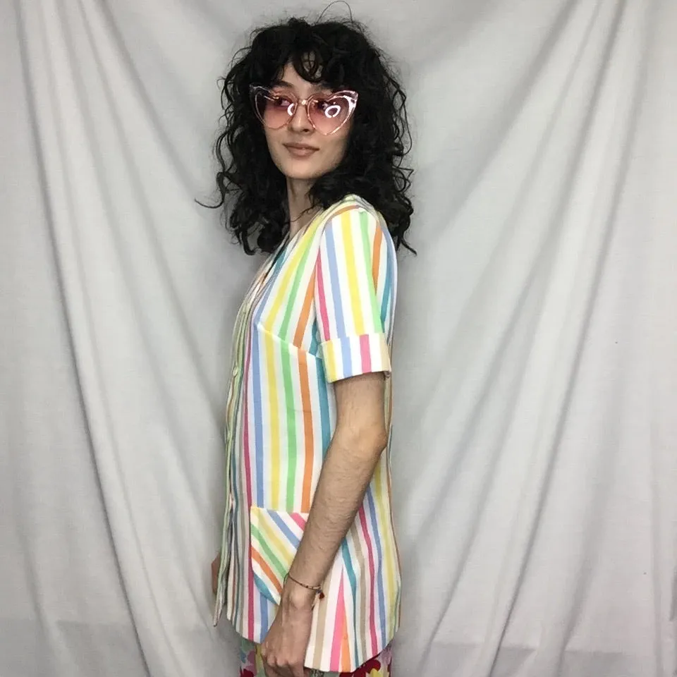 Vintage 60s 70s | Rainbow Striped Polyester Novelty Shirt Top Mod Boho Blouse M