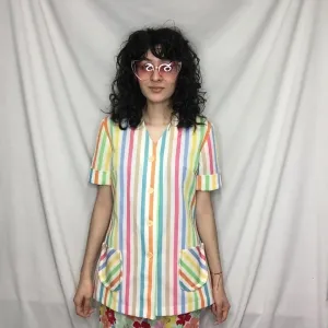 Vintage 60s 70s | Rainbow Striped Polyester Novelty Shirt Top Mod Boho Blouse M