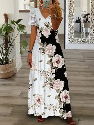 Women's Long Dress Maxi Dress Casual Dress A Line Dress Print Dress Floral Fashion Streetwear Outdoor Daily Vacation Lace Print Short Sleeve V Neck Dress Regular Fit Black White Green Summer Spring S